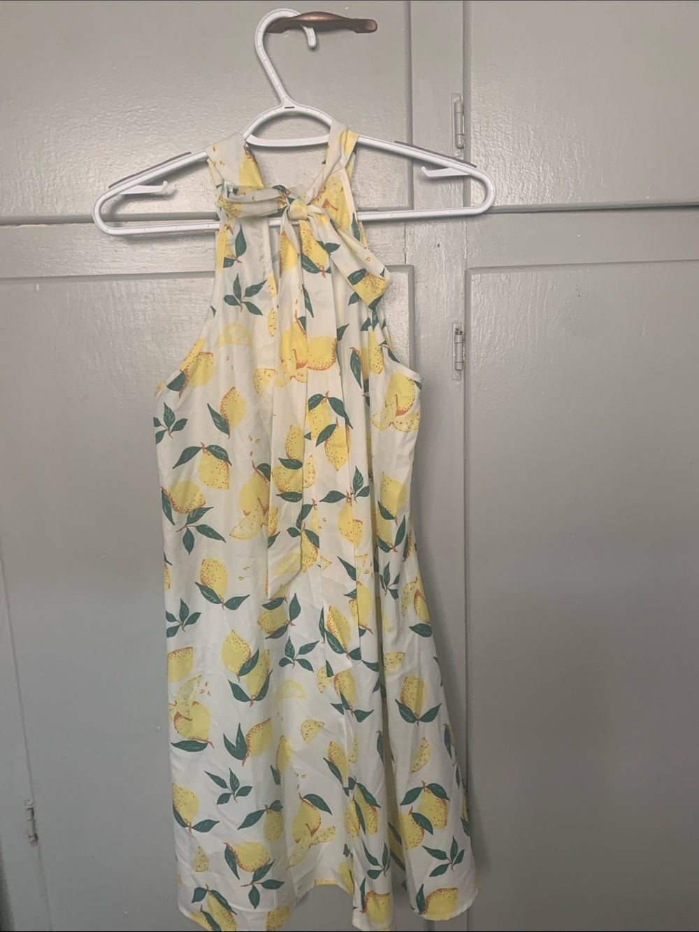 Tie-Neck Lemon Print Halter Dress in White and Yellow